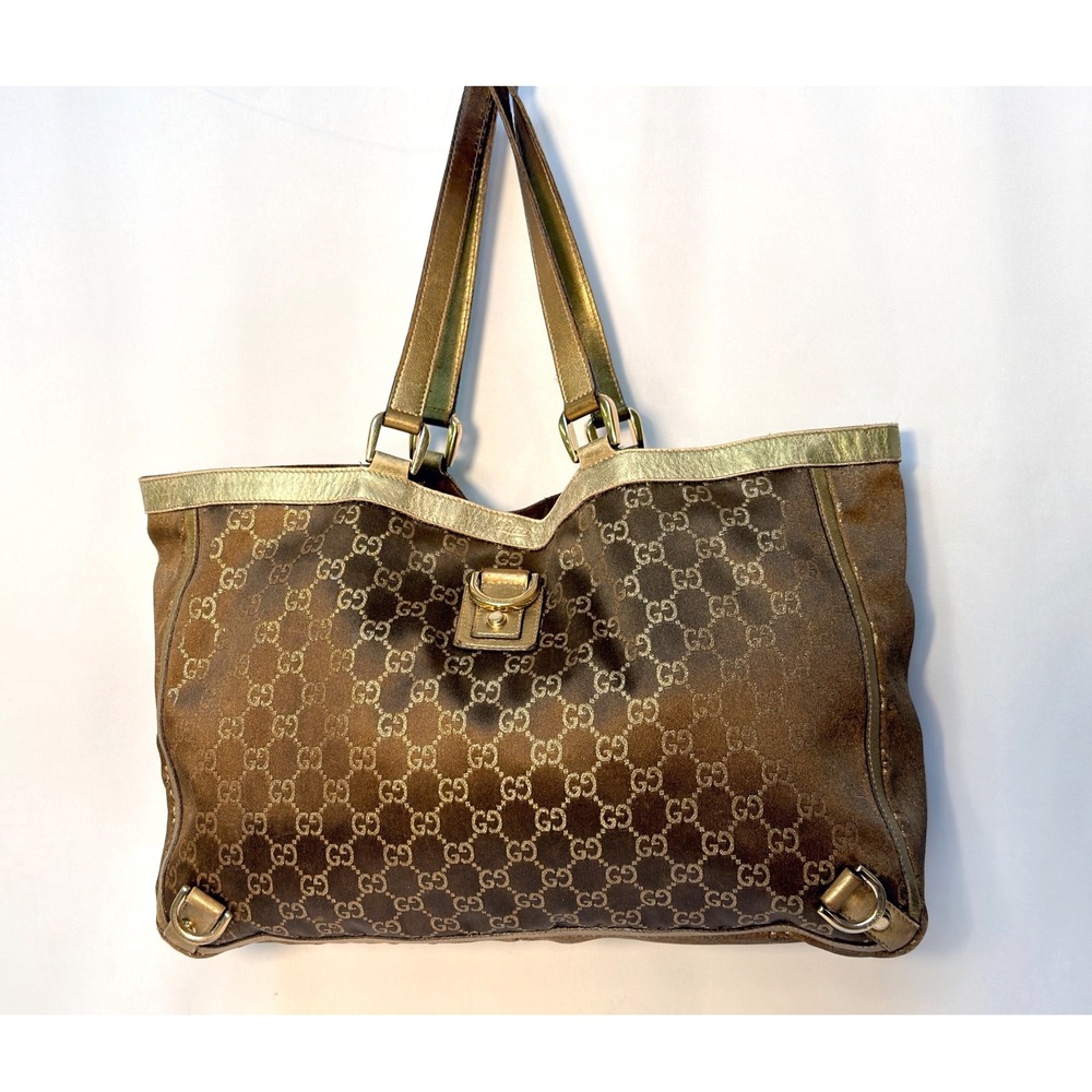 Gucci Satin Abbey D ring tote, GG brown canvas w/metallic gold leather trim GUC